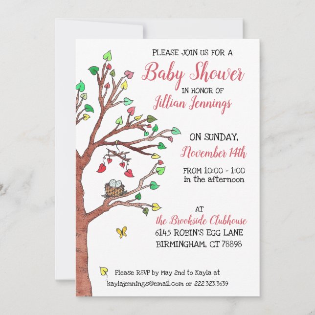 Invitation Feuilles de coeur mignons et Baby shower de nid d' (Devant)