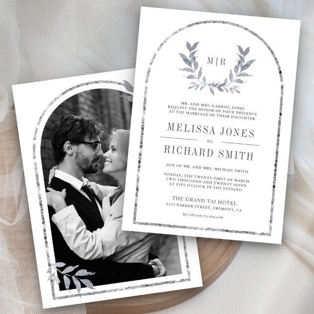 Invitation Feuilles de couronne de laurier argenté Mariage bl (Créateur téléchargé)