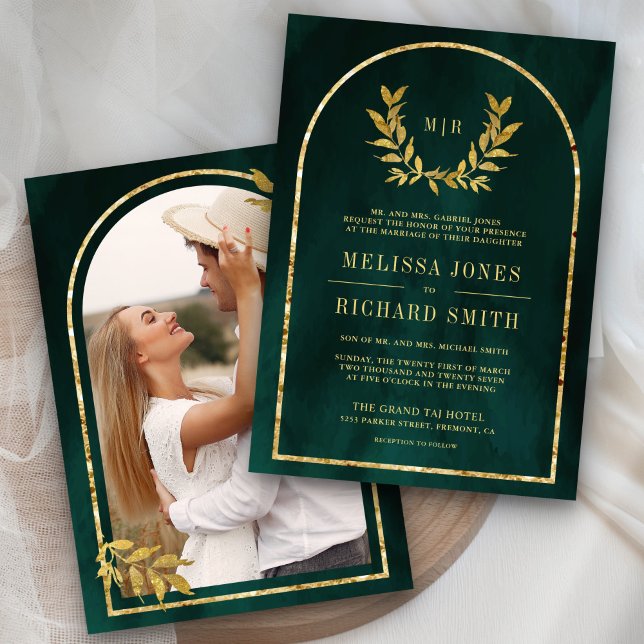 Invitation Feuilles de couronnes d'or Emerald Green Mariage (Créateur téléchargé)