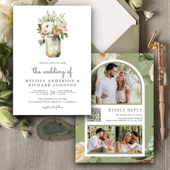 Invitation Feuilles de  de Sage de Roses blanches Mason Jar Q (Créateur téléchargé)