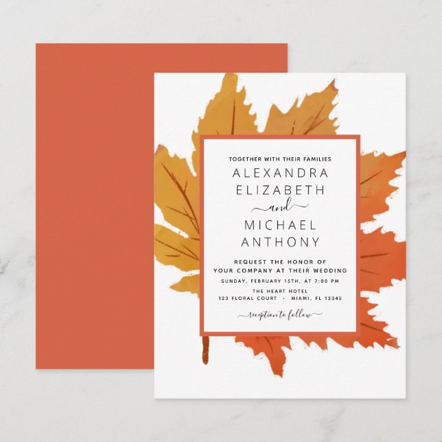 Invitation Feuilles de érable d'automne aquarelle orange marr (Devant / Derrière)