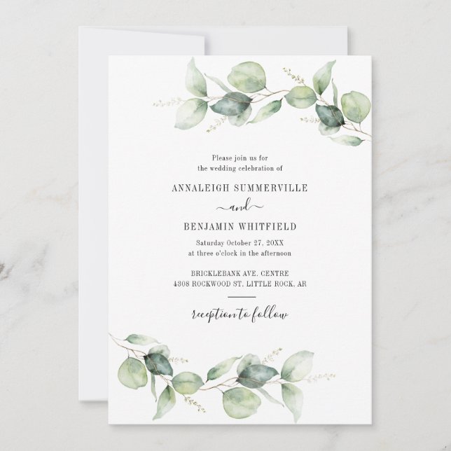 Invitation Feuilles de eucalyptus élégantes pour mariage rust (Devant)