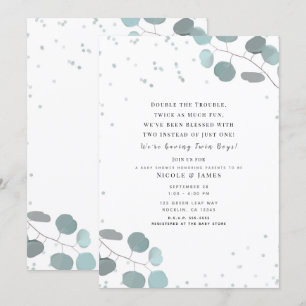 Invitation Feuilles de Eucalyptus Vert Baby Shower Jumeaux
