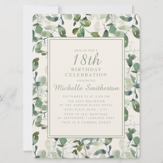 Invitation Feuilles de eucalyptus vert élégant 18ème annivers (Devant)