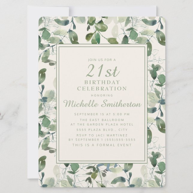 Invitation Feuilles de eucalyptus vert élégant 21e anniversai (Devant)