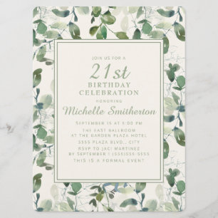 Invitation Feuilles de eucalyptus vert élégant 21e anniversai