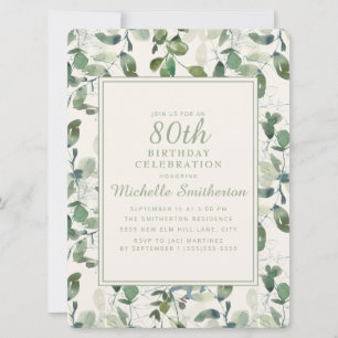Invitation Feuilles de eucalyptus vert élégant 80ème annivers