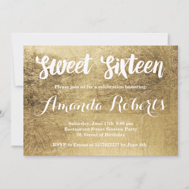 Invitation Feuilles de faux or de luxe Sweet 16 (Devant)