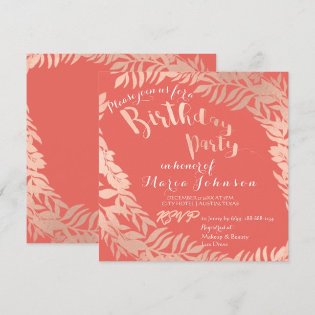 Invitation Feuilles de fête d'anniversaire Wrath Rose Rose Or (Devant / Derrière)