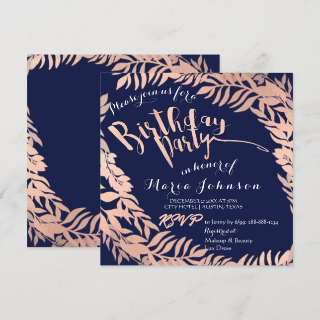 Invitation Feuilles de fête d'anniversaire Wreath bleu marine (Devant / Derrière)