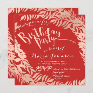 Invitation Feuilles de fête d'anniversaire Wreath Rouge Rose 