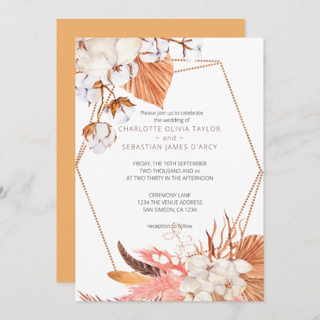 Invitation Feuilles de fleurs Boho hiver Mariage de plume (Devant / Derrière)