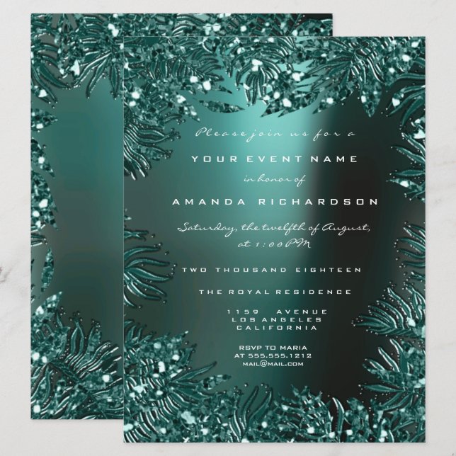 Invitation Feuilles de fougère cristaux encadrés bleu sarcell (Devant / Derrière)