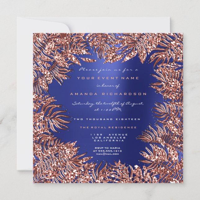 Invitation Feuilles de fougère tropicales Rose Gold Copper Bl (Devant)