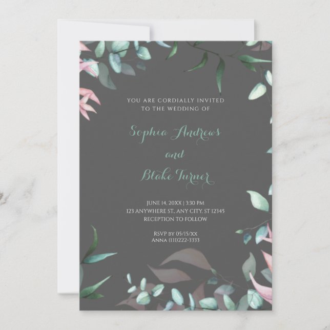 Invitation Feuilles de jardin vert et rose moderne Mariage (Devant)
