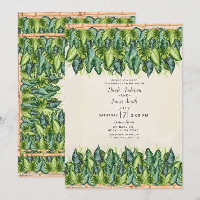 Invitation Feuilles de Jungle Tropicale et Bambou Mariage Bot (Devant / Derrière)