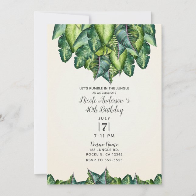 Invitation Feuilles de Jungle Tropicale Verte Botanique Anniv (Devant)