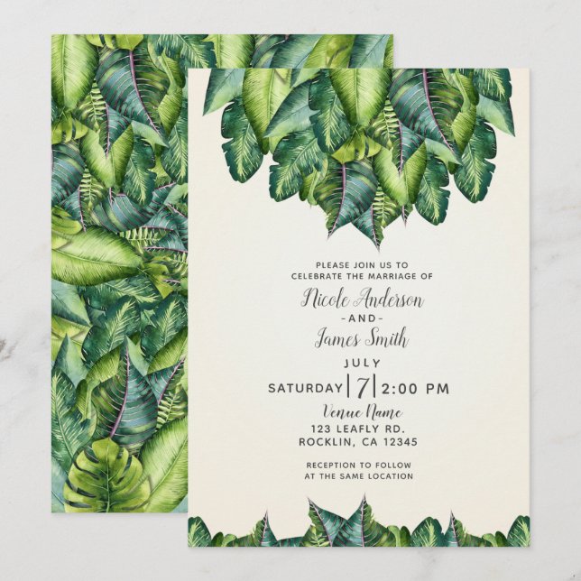Invitation Feuilles de jungle tropicale verte botanique maria (Devant / Derrière)