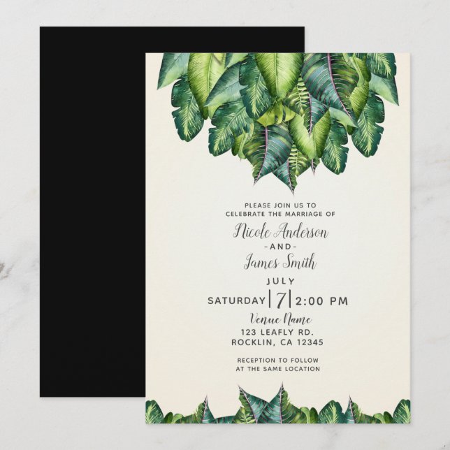 Invitation Feuilles de jungle tropicale verte botanique maria (Devant / Derrière)