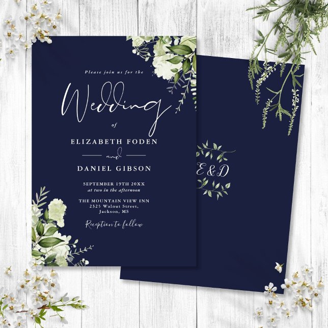 Invitation Feuilles de la marine Blue Green Mariage Monogramm (Navy Blue Greenery Leaves Monogram Wedding Invitation)