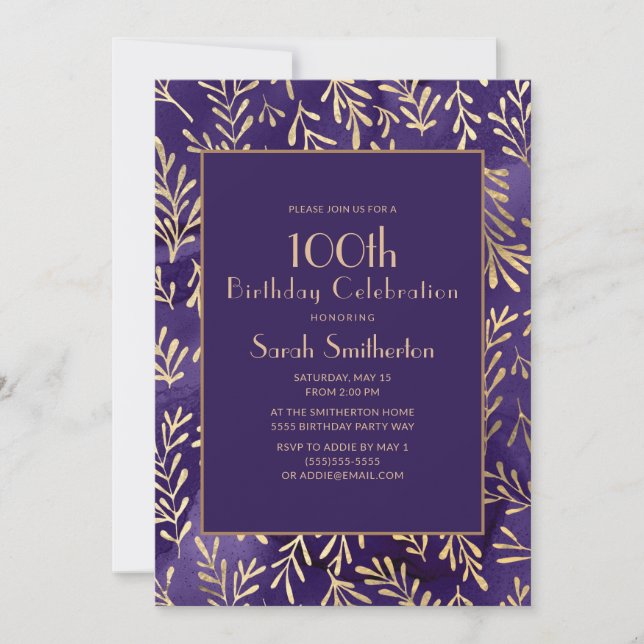 Invitation Feuilles de luxe violettes et dorées pour 100e ann (Devant)