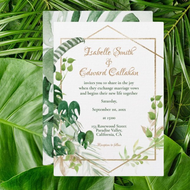Invitation Feuilles de Monstera vert tropical or géométrique (Créateur téléchargé)