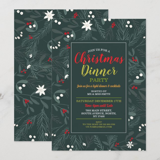 Invitation Feuilles de Noël Holly Festive Party (Devant / Derrière)