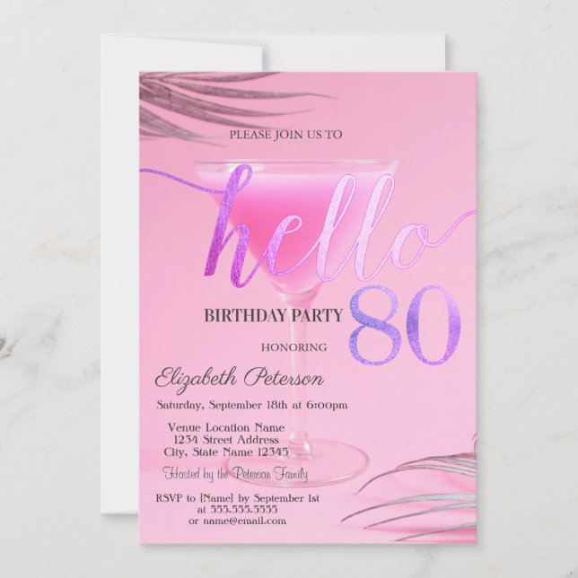 Invitation Feuilles de palmier à cocktail Rose 80e anniversai (Devant)