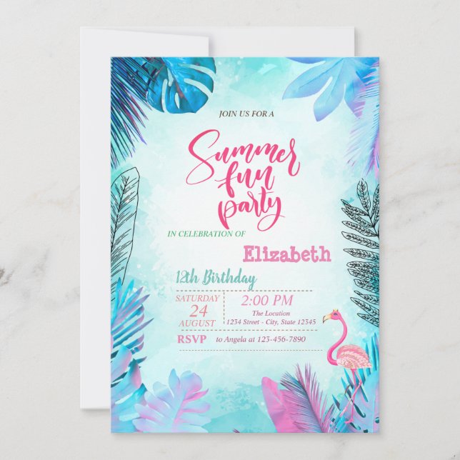 Invitation Feuilles de palmier bleues Flamant rose rose Eté A (Devant)
