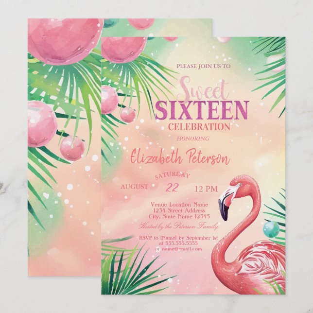 Invitation Feuilles de palmier bleues Sweet 16 d'été (Devant / Derrière)