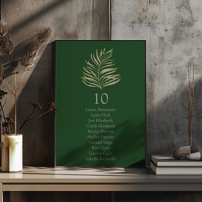 Invitation Feuilles de palmier d'effet or Tableau Numéro de s (Pretty gold effect palm leaves with green background wedding reception party table number plant)