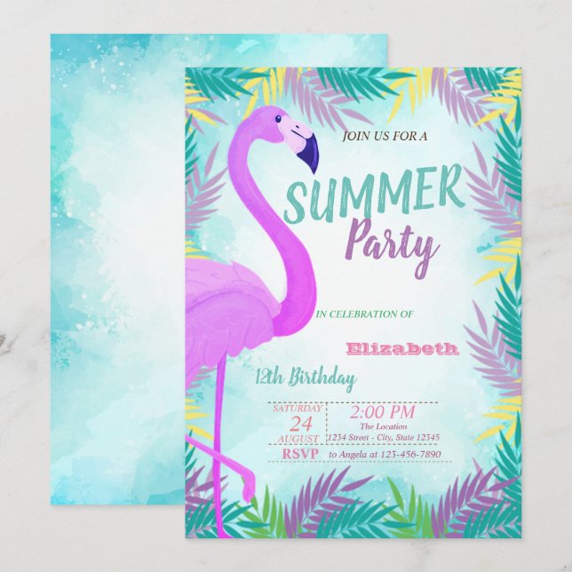 Invitation Feuilles de palmier, Flamant rose, Fête d'annivers (Devant / Derrière)