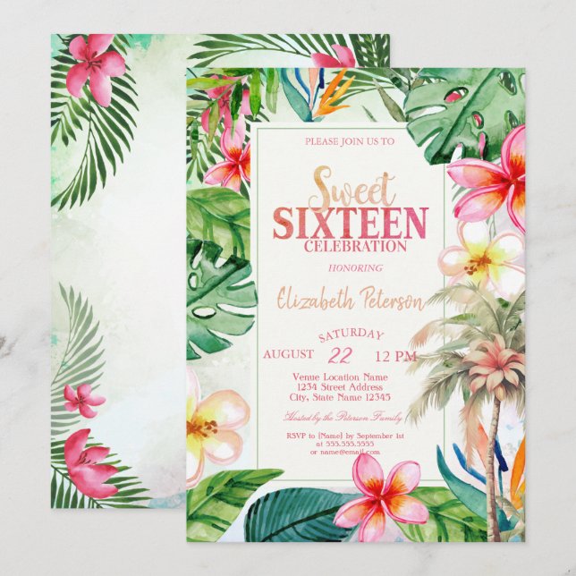 Invitation Feuilles de palmier Fleurs tropicales Été Douze an (Devant / Derrière)