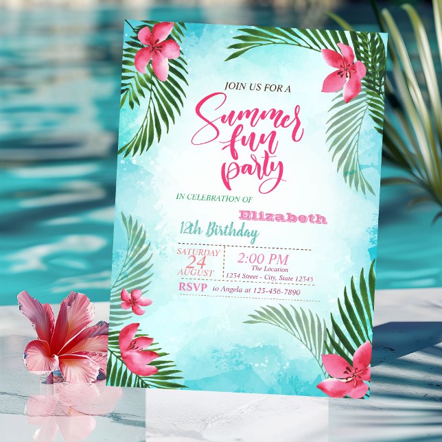 Invitation Feuilles de palmier, fleurs tropicales Fête d'anni (Créateur téléchargé)