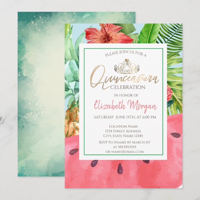 Invitation Feuilles de palmier, pastèque, ananas Quinceañera (Devant / Derrière)