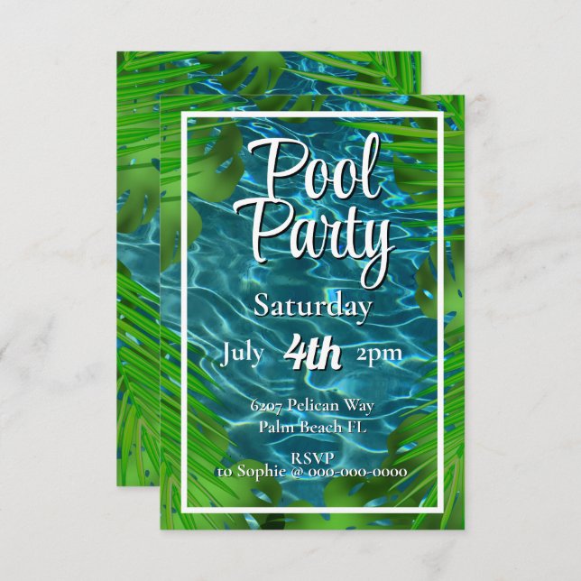Invitation Feuilles de palmier pour fête au bord de la piscin (Devant / Derrière)
