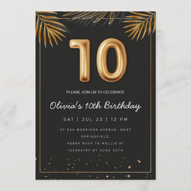 Invitation Feuilles de Palmier Tropical Doré 10ème Anniversai (Devant)