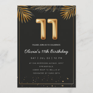 Invitation Feuilles de Palmier Tropical Doré 11e Anniversaire