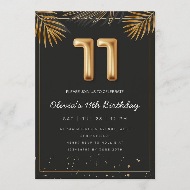 Invitation Feuilles de Palmier Tropical Doré 11e Anniversaire (Devant)