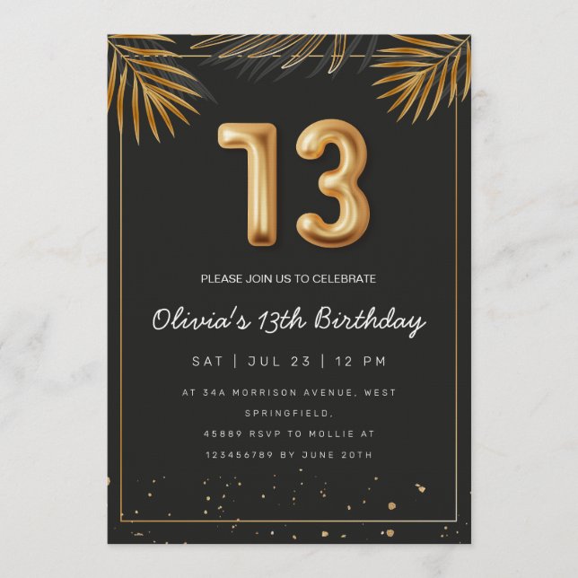 Invitation Feuilles de Palmier Tropical Doré 13e Anniversaire (Devant)