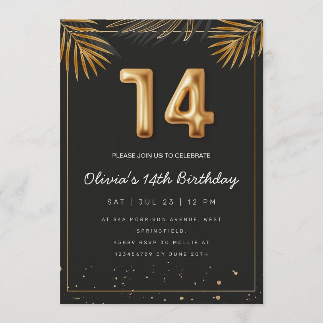 Invitation Feuilles de palmier tropical doré 14e anniversaire (Devant)