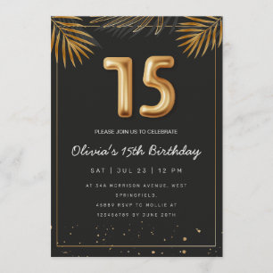 Invitation Feuilles de Palmier Tropical Doré 15e Anniversaire
