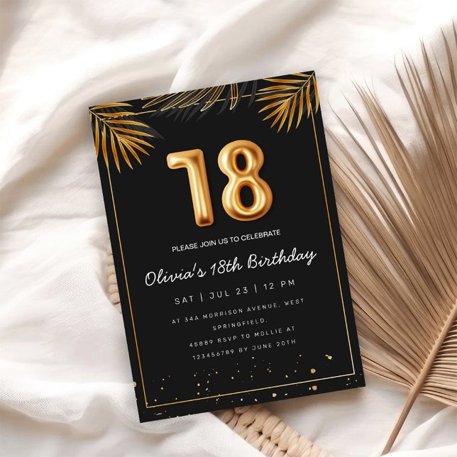 Invitation Feuilles de palmier tropical doré 18e anniversaire (Créateur téléchargé)