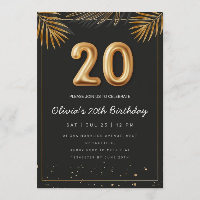 Invitation Feuilles de Palmier Tropical Doré 20e Anniversaire (Devant)
