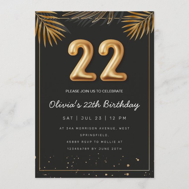 Invitation Feuilles de palmier tropical doré 22e anniversaire (Devant)