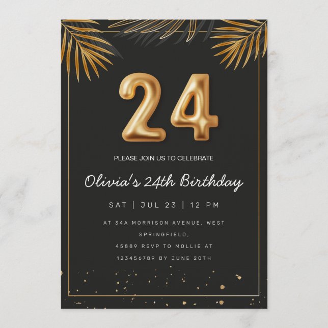 Invitation Feuilles de palmier tropical doré 24e anniversaire (Devant)