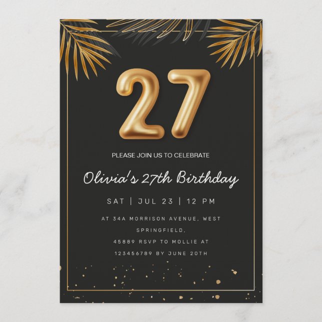 Invitation Feuilles de Palmier Tropical Doré 27e Anniversaire (Devant)