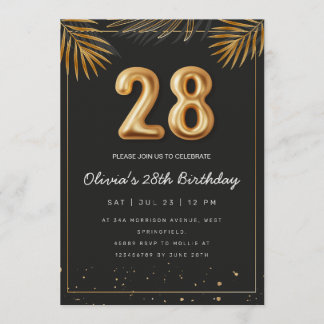 Invitation Feuilles de palmier tropical doré 28e anniversaire