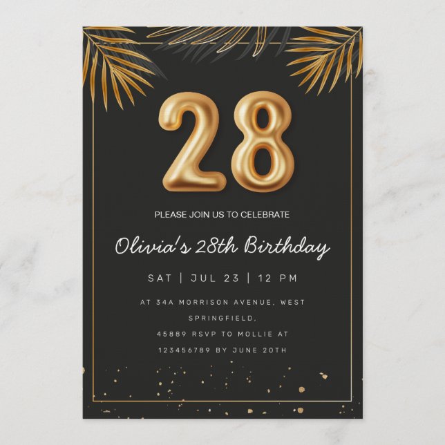 Invitation Feuilles de palmier tropical doré 28e anniversaire (Devant)