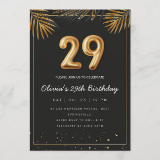 Invitation Feuilles de palmier tropical doré 29e anniversaire